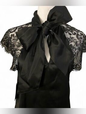 Elegant Black Lace-Trim Satin Bow Blouse